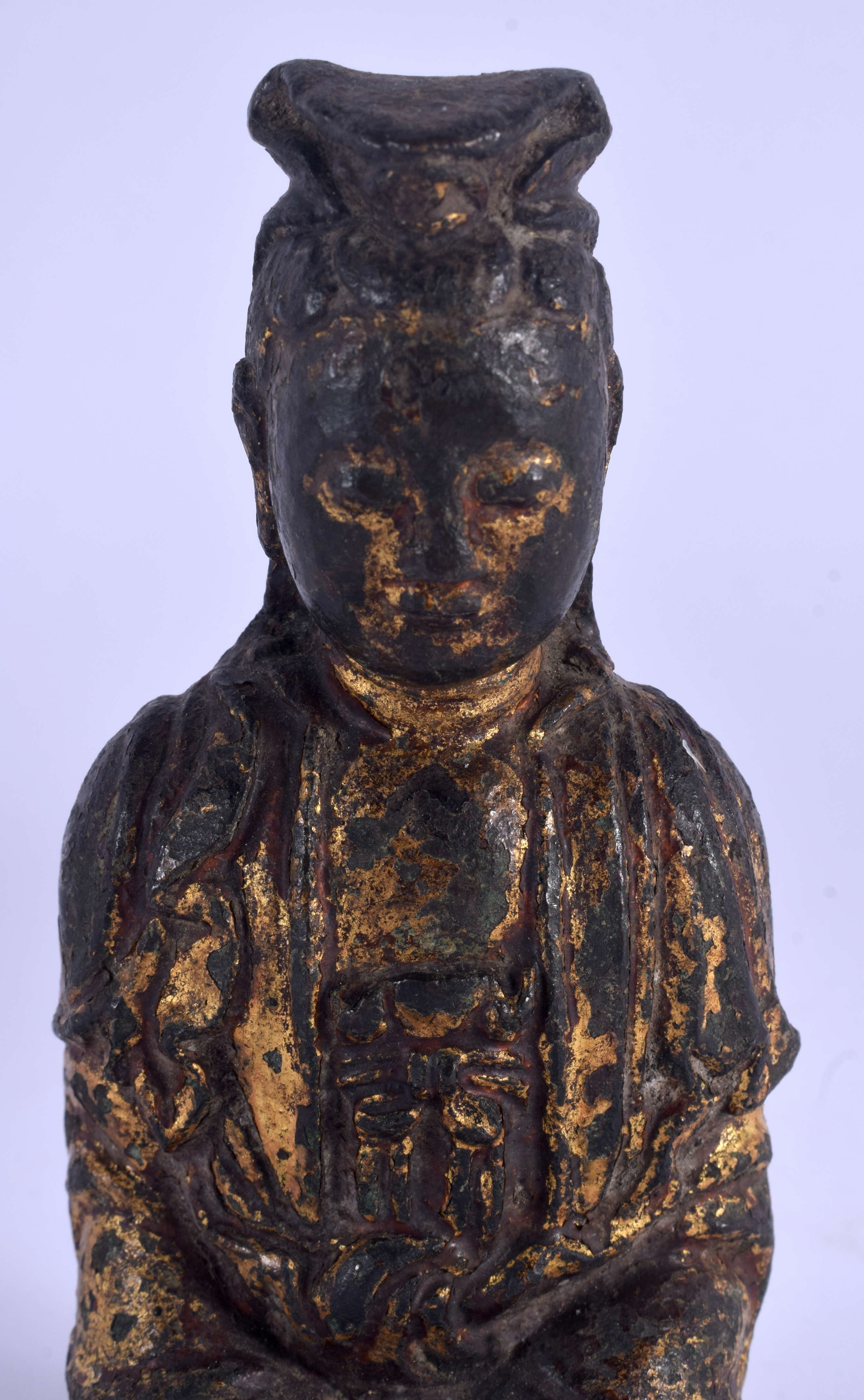 A 17TH CENTURY CHINESE POLYCHROMED CAST IRON FIGURE OF GUANYIN Ming, modelled seated with hands clas - Image 2 of 6