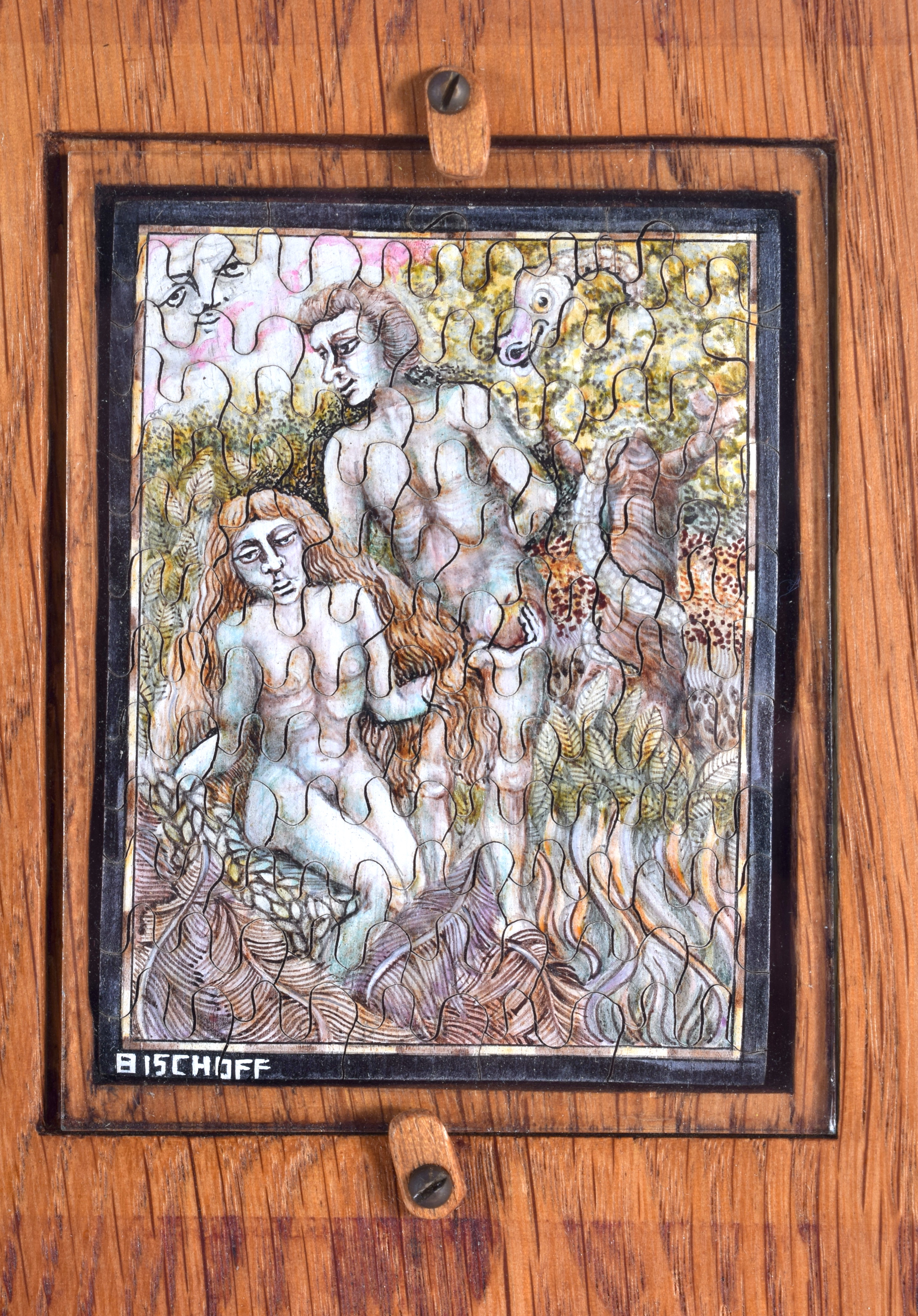 AN UNUSUAL FRAMED FRANZ BISCHOFF PUZZLE representing Adam and Eve. Puzzle 8 cm x 6 cm. - Image 2 of 3