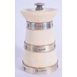 A LATE VICTORIAN SILVER MOUNTED IVORY PEPPER MILL. London 1875. 9.25 cm high.