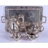 A LARGE 19TH CENTURY CHINESE EXPORT FIVE PIECE SILVER TEASET ON TRAY decorated with dragons upon a t