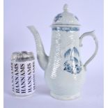 A LARGE 18TH CENTURY LIVERPOOL CHRISTIANS PORCELAIN COFFEE POT AND COVER moulded with trailing vines