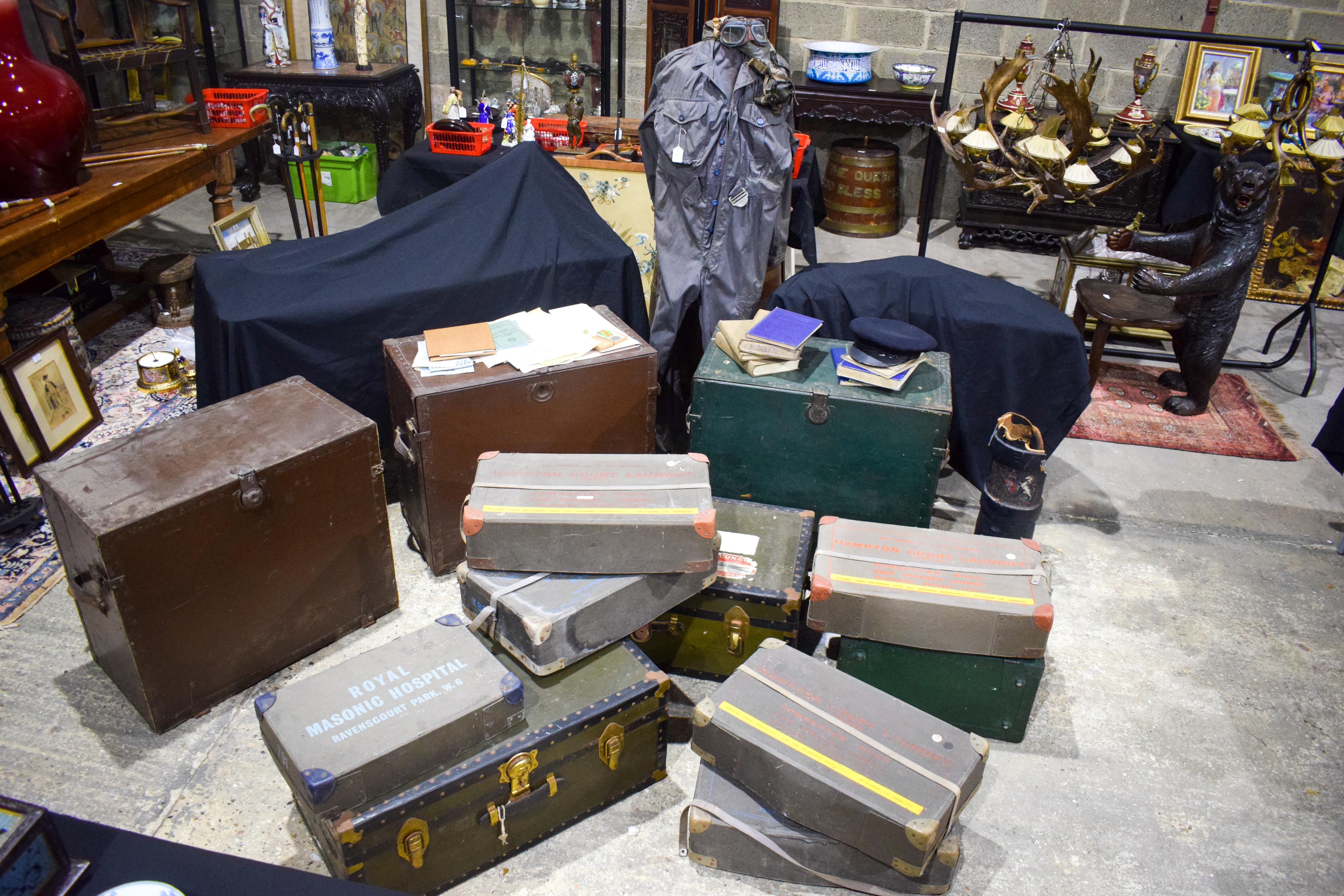 A MILITARY ISSUE FLYING SUIT & GOGGLES together with linen boxes, a cartridge carrier, American issu