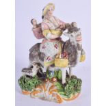A LATE 18TH CENTURY ENGLISH PEARLWARE TYPE FIGURE OF A FEMALE modelled riding with three babies upon