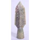 AN EARLY 20TH CENTURY CHINESE CARVED MUTTON JADE ARROW HEAD Late Qing/Republic, formed with motifs.