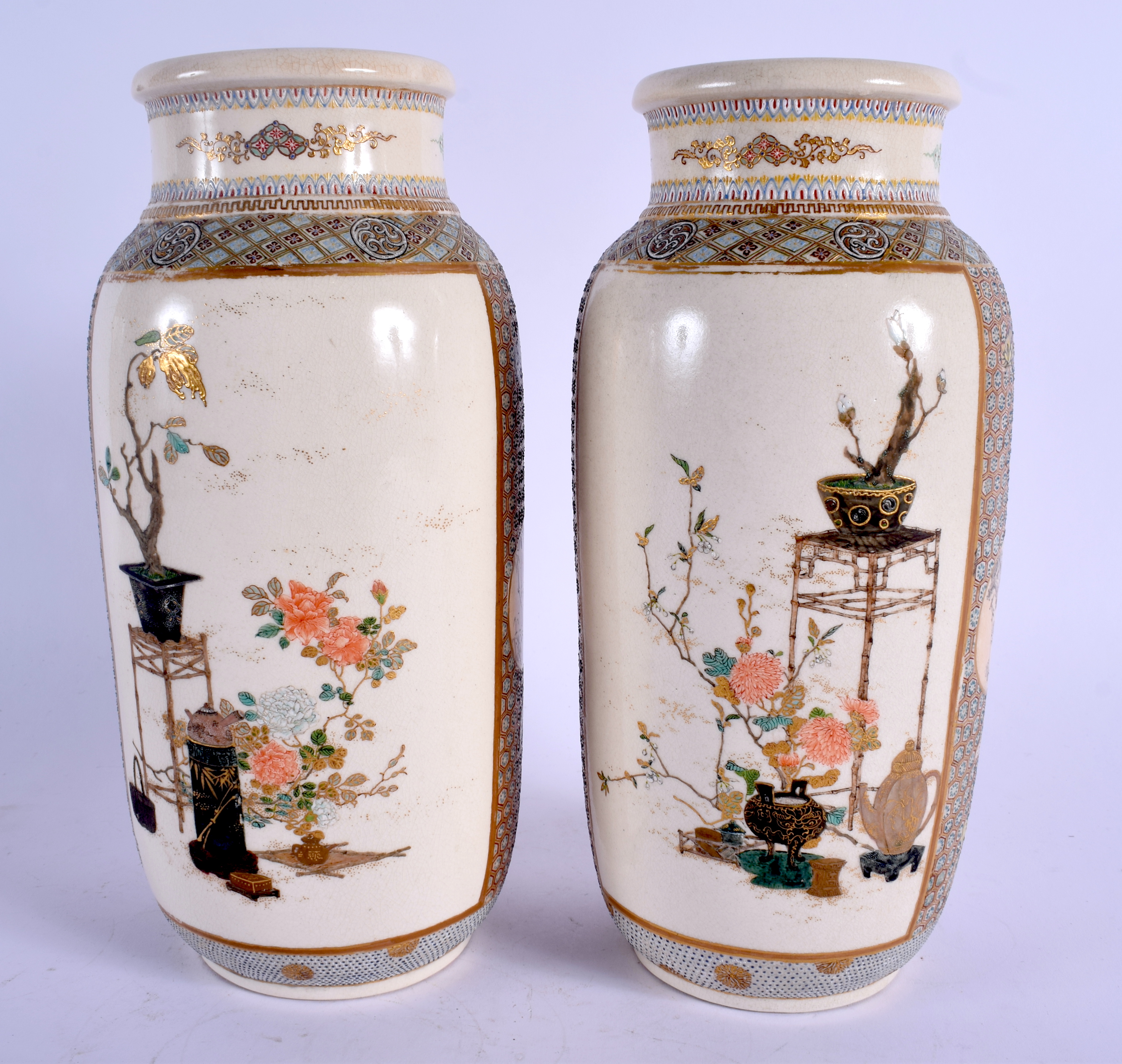 A PAIR OF 19TH CENTURY JAPANESE MEIJI PERIOD SATSUMA VASES painted with bonzai trees and high tables - Image 3 of 19