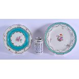 TWO 18TH CENTURY CHELSEA DERBY PORCELAIN PLATES painted upon a turquoise blue border. Largest 22 cm