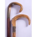 TWO 19TH CENTURY CONTINENTAL CARVED RHINOCEROS HORN HANDLED WALKING CANES. 88 cm long. (2)