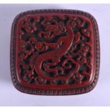 AN 18TH CENTURY JAPANESE EDO PERIOD RED LACQUER BOX AND COVER decorated with stylised dragons. 7.5 c
