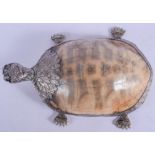 A RARE 18TH/19TH CENTURY TIBETAN SILVER MOUNTED TORTOISE modelled roaming with fur like motifs wrapp