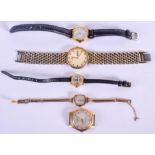 A VINTAGE 9CT GOLD WATCH on a 9ct gold strap, together with four others. Gold watch 18 grams overall