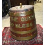 A LARGE ANTIQUE THE QUEEN GOD BLESS HER RUM OAK BARREL. 58 cm x 30 cm.