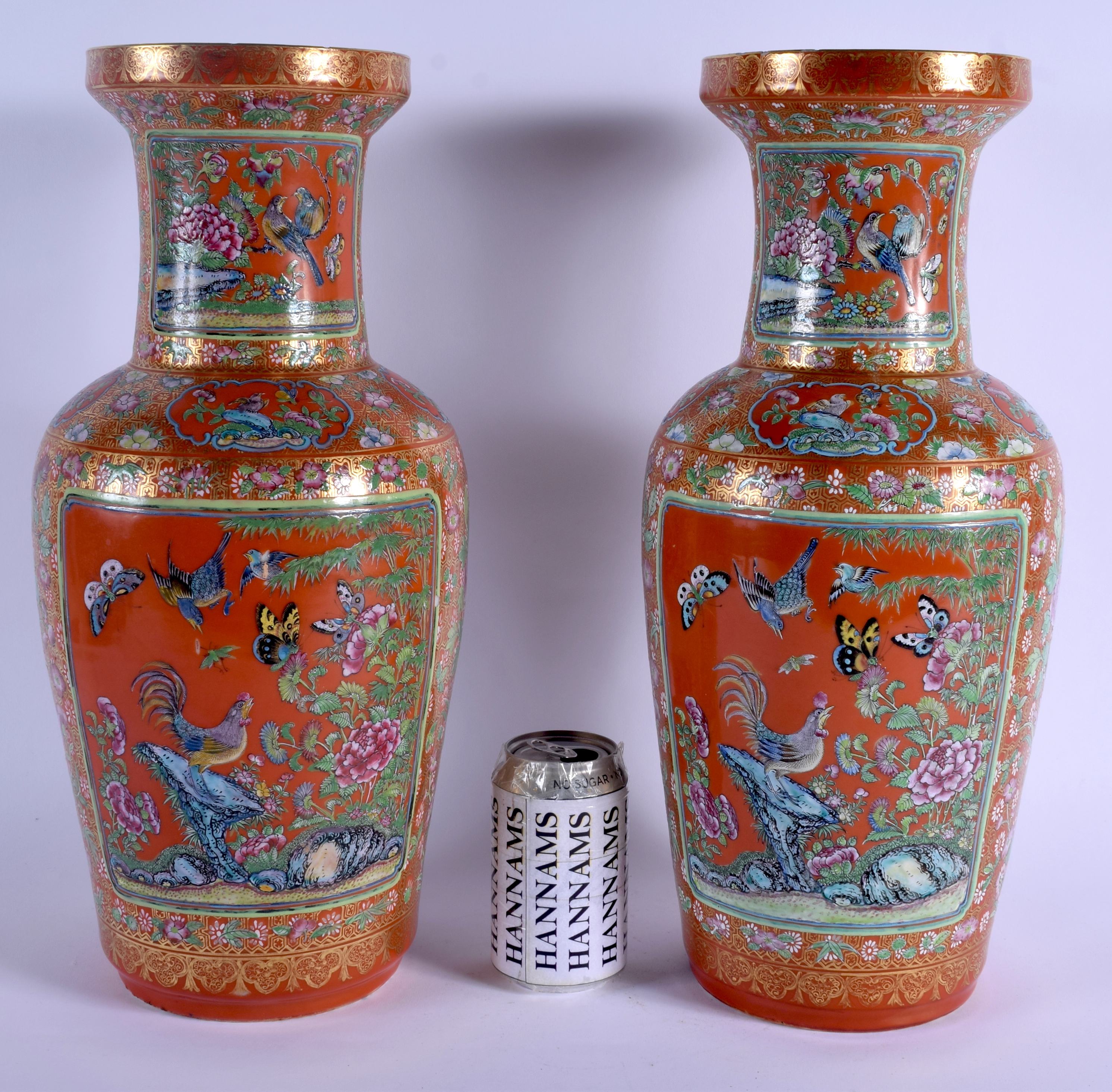 A FINE LARGE PAIR OF 19TH CENTURY CHINESE FAMILLE ROSE PORCELAIN ROULEAU VASES Daoguang, painted wit