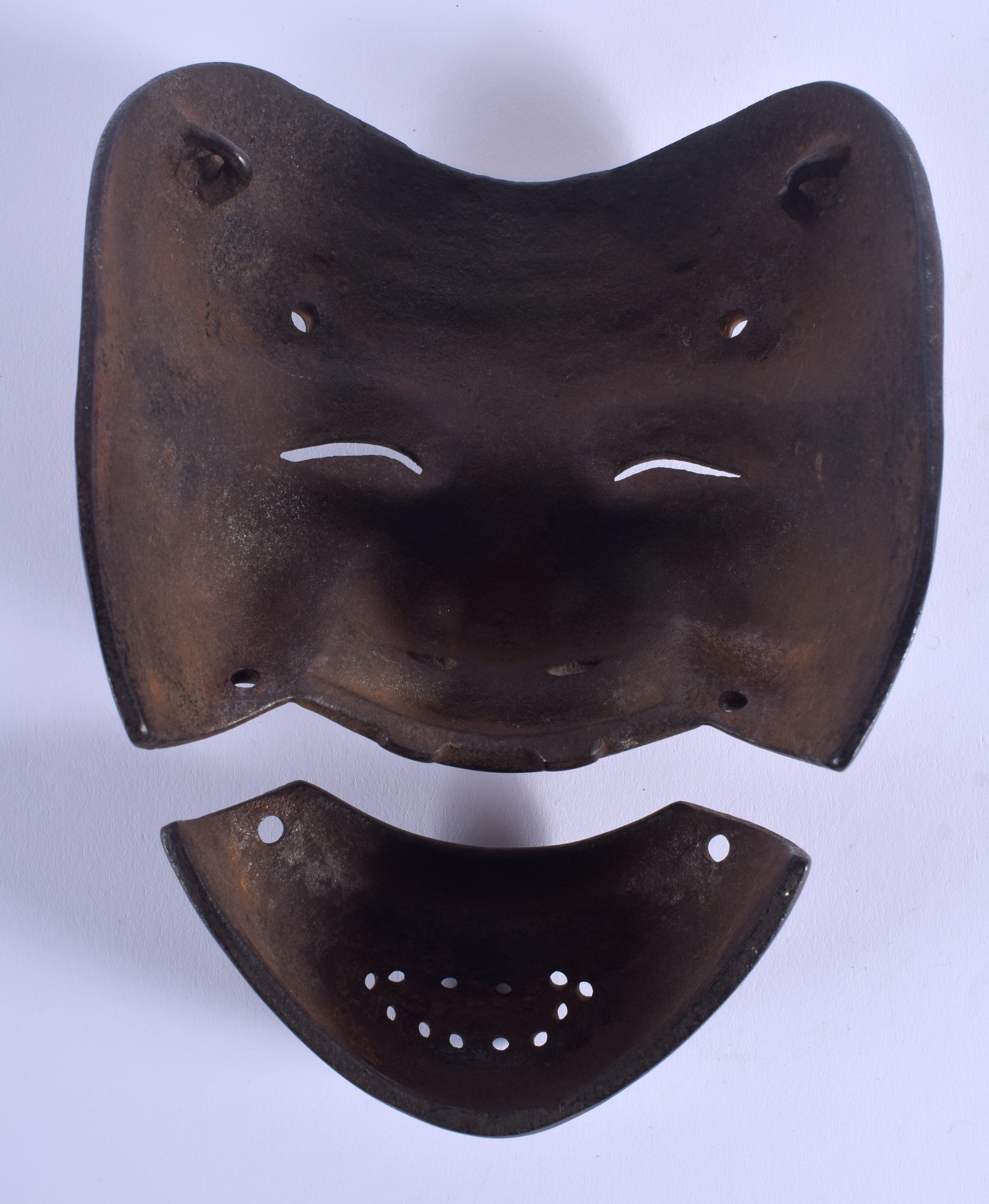 AN 18TH/19TH CENTURY JAPANESE EDO PERIOD IRON KARURA SOMEN modelled as a jovial male. 19 cm x 10 cm. - Image 2 of 4