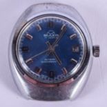 A VINTAGE BULER BLUE DIAL AUTOMATIC WATCH. 3.25 cm wide.