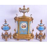 A 19TH CENTURY FRENCH SEVRES PORCELAIN CLOCK GARNITURE painted with figures and blue scrolls. 42 cm