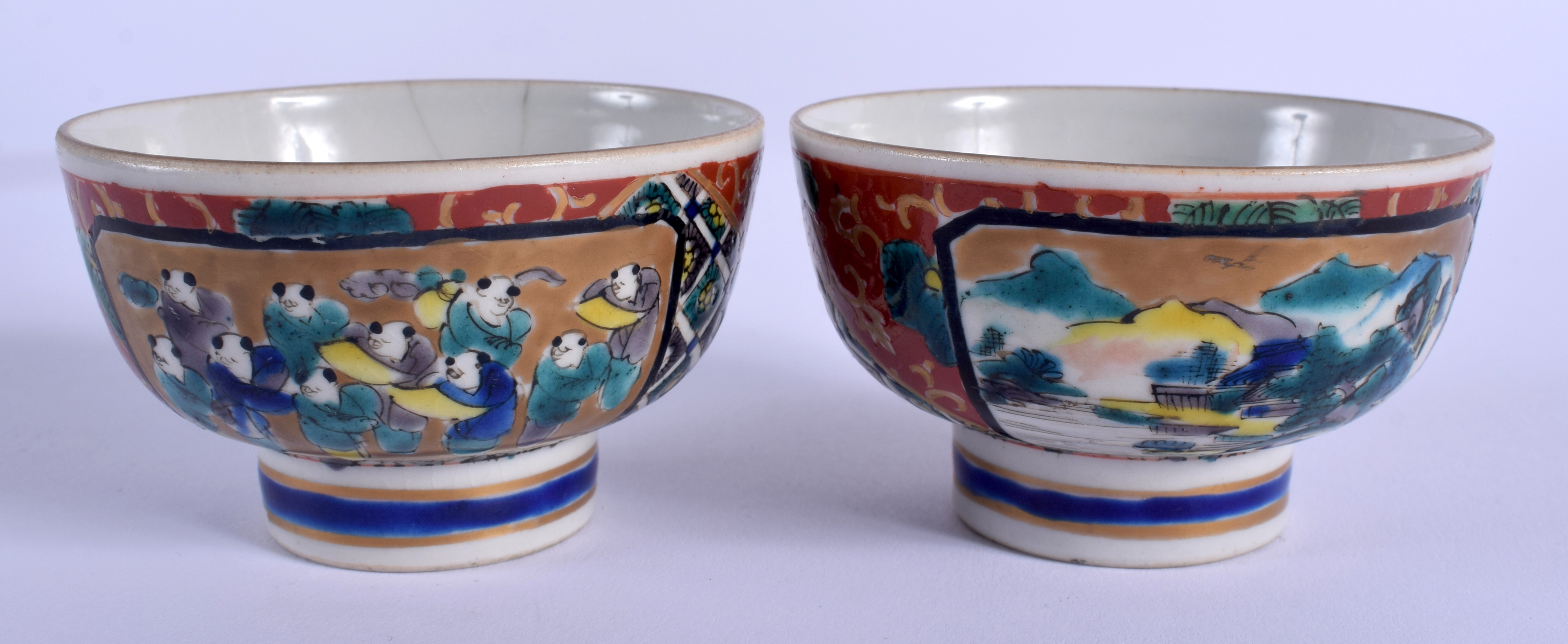 A PAIR OF 19TH CENTURY JAPANESE MEIJI PERIOD AO KUTANI TEABOWLS painted with figures and landscapes. - Image 3 of 6