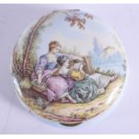 A FINE 18TH/19TH CENTURY EUROPEAN ENAMEL BOX AND COVER painted with two classical figure beside a la