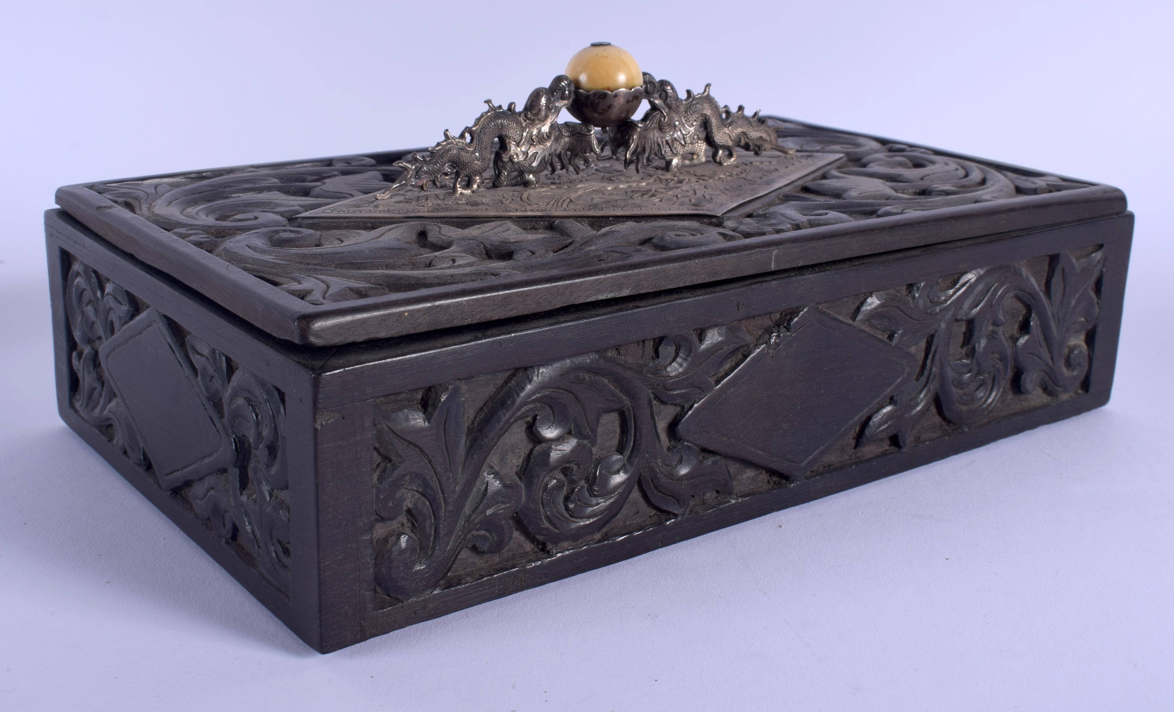 A 19TH CENTURY CHINESE EXPORT SILVER MOUNTED HONGMU BOX AND COVER Qing, decorated with flowers. 24 c - Image 2 of 7