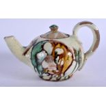 AN UNUSUAL CONTINENTAL WHIELDON TYPE SANCAI TYPE POTTERY TEAPOT AND COVER. 15 cm wide.