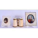 A PAIR OF 19TH CENTURY EUROPEAN IVORY OPERA GLASSES together with two antique miniatures. Largest 16