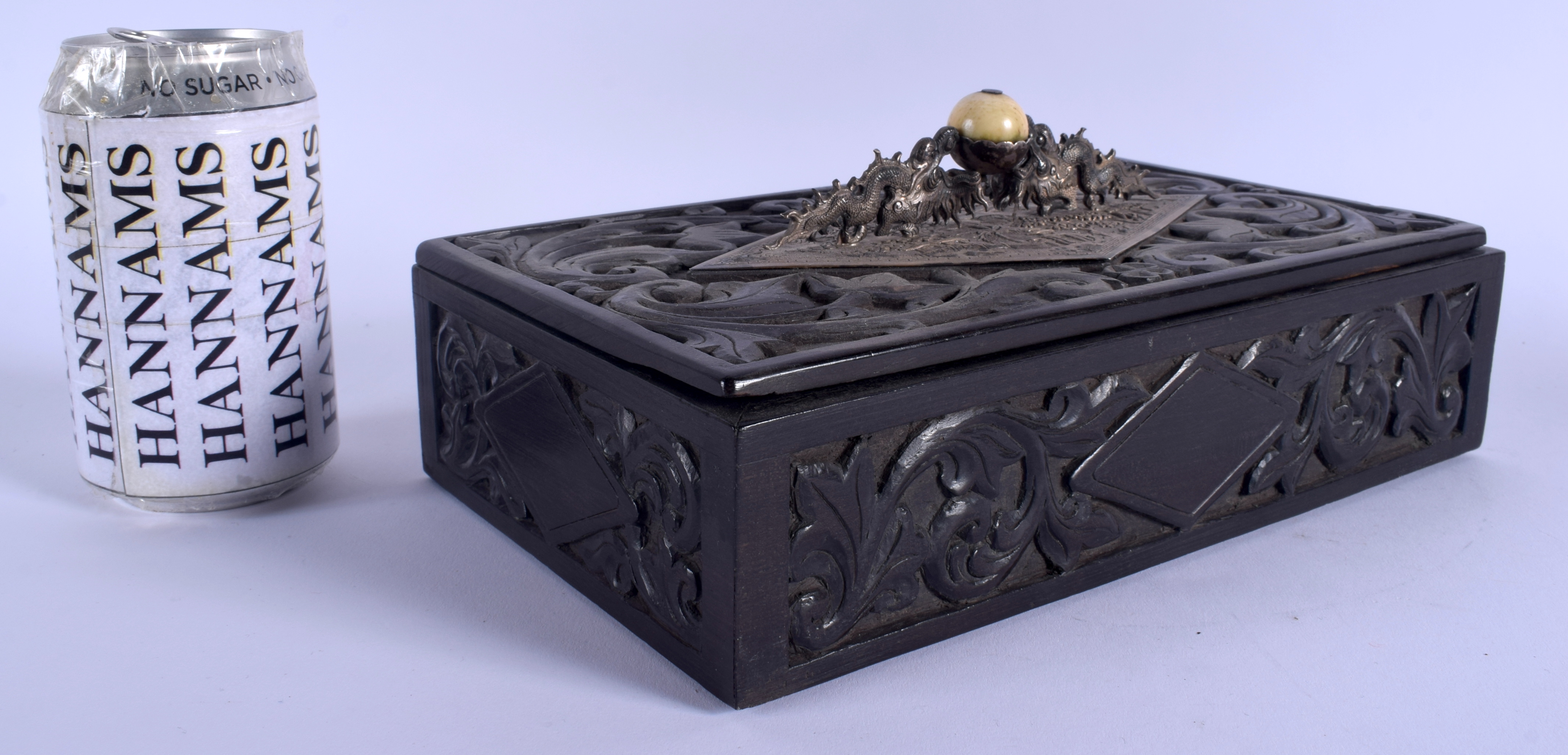 A 19TH CENTURY CHINESE EXPORT SILVER MOUNTED HONGMU BOX AND COVER Qing, decorated with flowers. 24 c