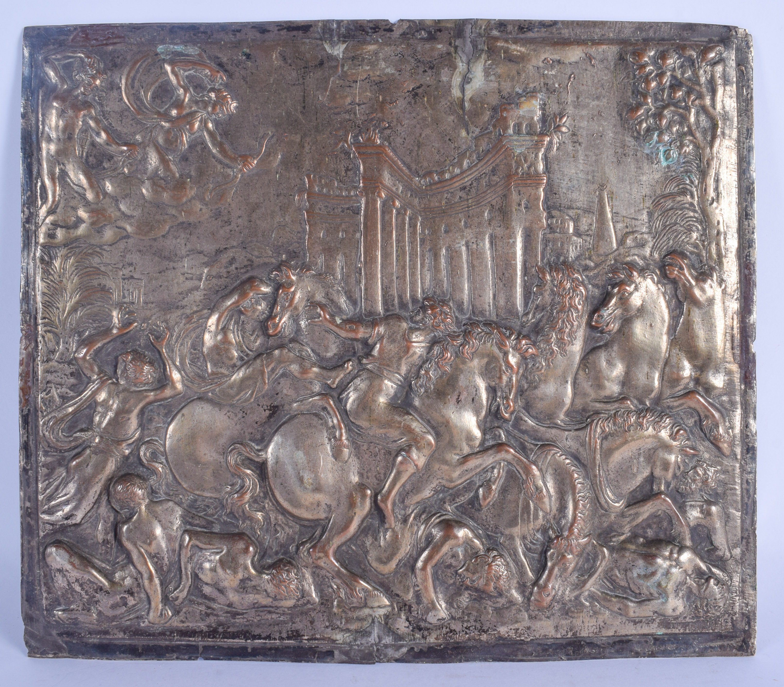 A LARGE ANTIQUE PLATED COPPER RENAISSANCE STYLE PLAQUE. 32 cm x 27 cm.