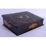 A VICTORIAN PAPER MACHE BLACK LACQUER DESK BOX. 27 cm x 22 cm.