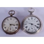 TWO ANTIQUE SILVER POCKET WATCHES. 5 cm diameter. (2)