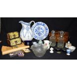 Miscellaneous group of porcelain, decanters, wooden boxes , military silk badges Etc (Qty)