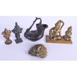 AN EARLY INDIAN BRONZE EWER together with other Hindu bronzes. Largest 9 cm x 11 cm. (5)