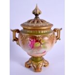 Royal Worcester blush ivory pot pourri and cover painted with roses, by W. E. Jarman, signed, shape