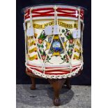 A Bedford Regiment Drum by George Potter converted to a glass topped table 54 x 42.