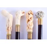 FOUR UNUSUAL CONTINENTAL CARVED BONE WALKING CANES with wooden shafts. 92 cm long.