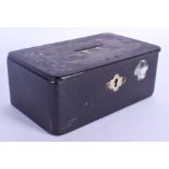 AN ANTIQUE CONTINENTAL BLACK LACQUER MONEY BOX decorated win chinoiserie 12 cm x 8 cm.
