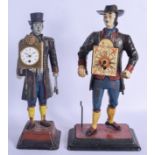 TWO AMERICAN PAINTED CAST IRON FIGURAL CLOCKS each modelled holding clock weights. Largest 40 cm hig