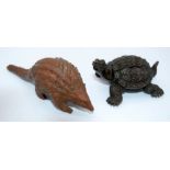 A Japanese small bronze Tortoise and an Armadillo 10cm (2).