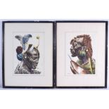 J P Ludu (20th Century) African, Watercolour, Pair of portraits. Image 34 cm x 22 cm.