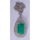 A LARGE 18CT GOLD MOUNTED EMERALD AND DIAMOND NECKLACE. 16 grams. Pendant 1.5 cm x 1 cm.
