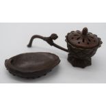 A Japanese small bronze Incense burner and a shell dish 11cm (3).