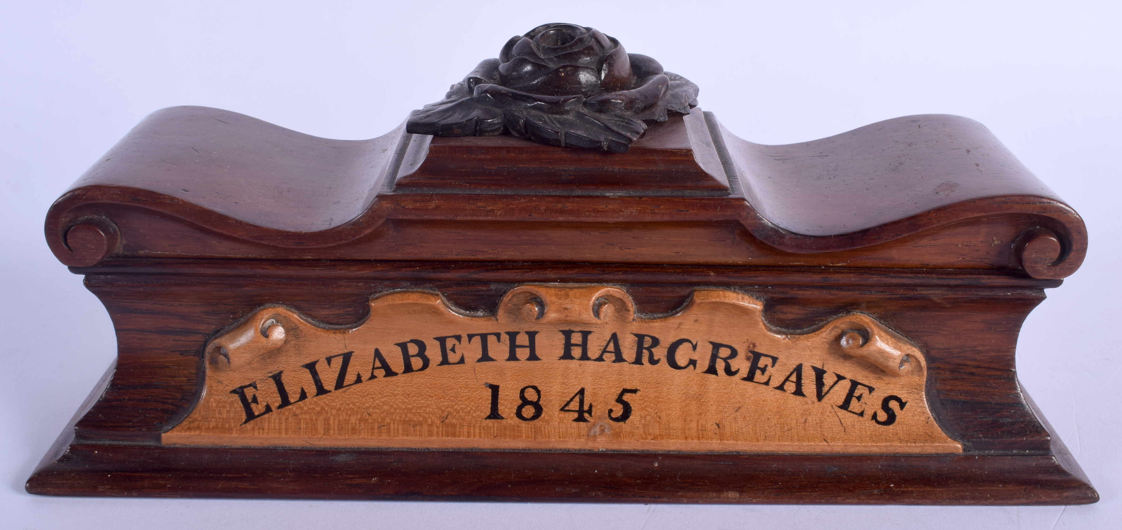 A RARE 19TH CENTURY ELIZABETH HARGREAVES 1845 RECTANGULAR BOX with floral finial. 22 cm wide.