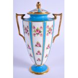 A LATE 19/ EARLY 20TH C. MINTON TWO HANDLED VASE AND COVER delicately painted with small roses in pa