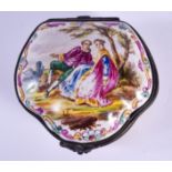 A 19TH CENTURY FRENCH ENAMELLED LOBED BOX painted with figures. 6 cm x 5 cm.