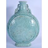 A LARGE CHINESE TWIN HANDLED CELADON MOON FLASK 20th Century, bearing Qianlong marks to base. 35 cm