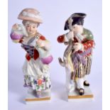 Meissen pair of small square base figures of a girl pouring into a bottle and a boy grafting a tree.