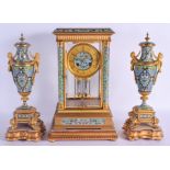 A LARGE 19TH CENTURY FRENCH CHAMPLEVE ENAMEL AND BRONZE CLOCK GARNITURE modelled embellished in foli