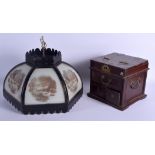 A VINTAGE CURRIER & IVES HANGING LANTERN together with a Tibetan box. Largest 34 cm wide. (2)