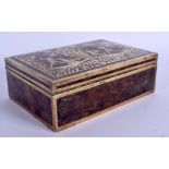 AN ART DECO BRASS INLAID CARVED WOODEN BOX decorated with figures within landscapes. 15 cm x 10 cm.