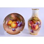 ´Royal Worcester vase painted with fruit by Roberts, signed, shape 2491, black mark, and a pin tray