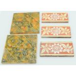 Three Victorian Steele and Wood tiles and two Majolica tiles 15 x 15cm (5).