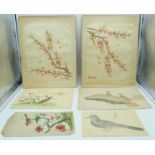 Collection of Chinese watercolours and silks largest 36cm x 29cm (6)